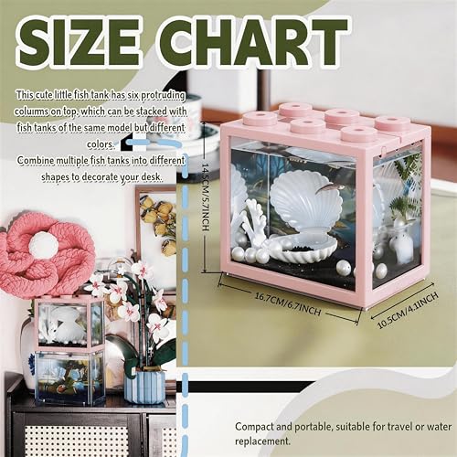 Small Betta Fish Tank, Mini Sea Monkey Tank Aquarium Kit with Gravel & Background Resin Decor, 0.6 Gallon Stackable Tabletop Fish Bowl Accessories for Shrimp Seaweed Ball (Pink) - color: Pink
