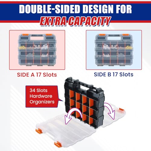 NYXOVA Small Parts Organizer, Hardware Organizer Box, 2 Pack Double Side 34 Compartments Hardware Organizers with Removable Plastic Dividers for Screws Nuts Nails Bolts (Orange) - color: Orange