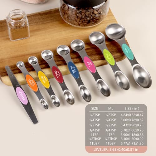 ChefAide Pack of 8 Stainless Steel Magnetic Measuring Spoons Set, Dual Sided, Stackable, Adjustable Teaspoon and Tablespoon Measure Spoon with Leveler, Kitchen Gadgets - color: Multicolor-2, size: Magnetic Measuring Spoons