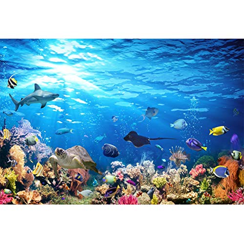 Underwater World Ocean Backdrop Blue Ocean Coral Reef Turtle Shark Tropical Fish Under The Sea Aquarium Decorations Background Birthday Party Cake Table Studio Props 5x3ft - color: Aqua Blue, size: 5x3ft (150x90cm)