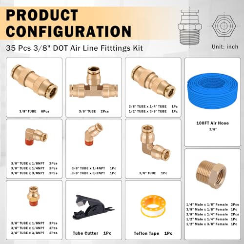 CheeMuii 3/8 Brass DOT Air Fittings With 100 FT 3/8" DOT Air Line Kit Quick Connect Air Line Fittings and Blue Pneumatic Tubing for Semi Truck Trailer or Industrial Air Syste - color: blue & gold, size: 3/8"100ft-35pcs