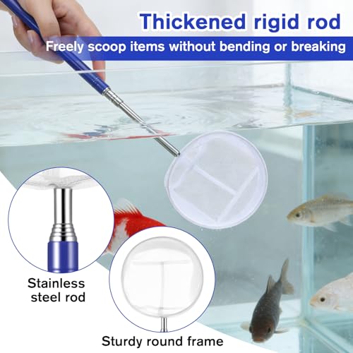 Aquarium Fish Net, 4 Inch Fine Mesh Shrimp Nets with 12.4" to 43" Long Extendable Stainless Steel Handle Round Small Fish Nets for Fishes Shrimp Tank Pond Creek Food Residue Debris Skimming Tool