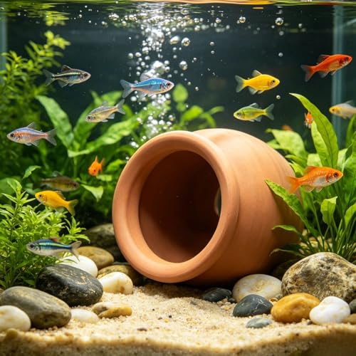Saim Natural Clay Ceramic Cave Pot - Aquarium Fish Tank Decor Hideout for Betta Shrimp Cichlid Small Fish Breeding & Hiding Shelter Cute Ornament Aquatic Habitat- Large - size: Large