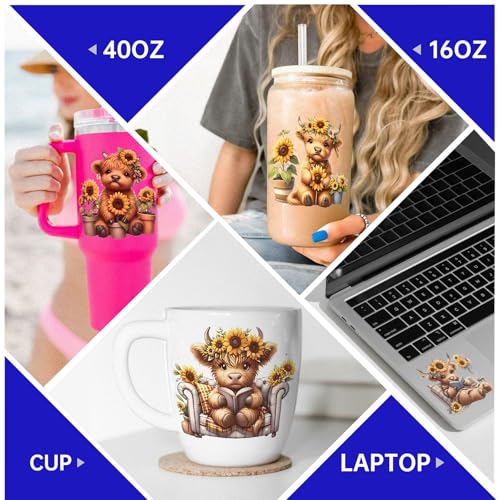 UV DTF Cup Wrap for 16oz Glass, 12 Sheets Highland Cattle Waterproof Rub On Transfers, UV DTF Decals Stickers for Tumbler Water Bottle - style: Highland Cattle