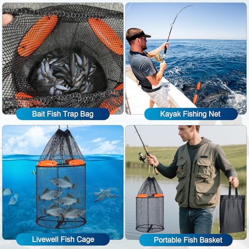 Large Foldable Floating Fishing Basket for Live Caught Fish, Collapsible Rubber-Coated Fish Net Kayak Bait Storage Cage with 5M Double Hook Nylon Rope and 6 Cable Ties, 1 Storage Bag