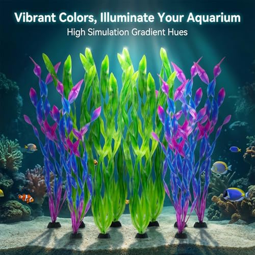 RAINFLOW Artificial Aquarium Plants Decorations - 10Pcs Green & Purple Tall Artificial Seaweed Fish Tank Decorations,Aquarium Decor Set,Plastic Plants Betta Fish Tank Accessories