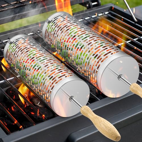 Rolling Grill Baskets,2 Pcs Nesting Grilling Net with Removable Wooden Handle,BBQ Accessories Tools for Vegetables Shrimp,Outdoor Camping Barbecue Rack,Gifts for Men Dad (Rectangle) - size: Rectangle