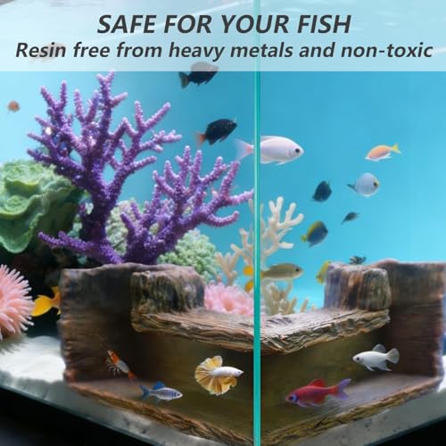 90° Corner Aquarium Cave, 5.12x5.12x 2.7in Viewing Fish Tank Cave for Corners, Natural Resin Wood Like BPA Free Tunnel Decorations, Fish Hideout for Guppy, Neon Tetra, Corydoras Catfish