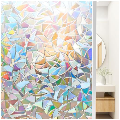 Beautyhero Window Privacy Film, Frosted Reeded Glass Cling, 3D Decorative Coverings with UV Blocking, Static Cling Tint for Bathroom Doors Cabinet - color: Rainbow, size: 17.5 x 78.7 Inch
