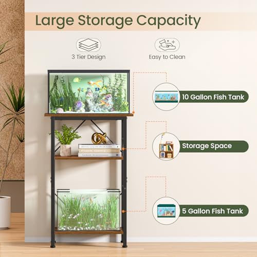Snughome 5-10 Gallon Aquarium Stand, 3 Tier Fish Tank Stand with Storage, Fish Tank Stand with Metal Frame, Reptile Turtle Tank Stand for Home Office, 20.47" x 11.02" x 30.52", Rustic Brown - color: Rustic Brown