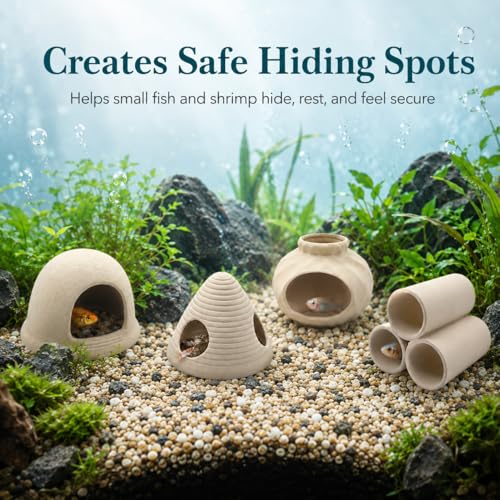 4PCS Betta Fish Tank Accessories, Fish Aquarium Decoration Hideout Caves for Fish Shrimp Crab to Breed, Rest and Play, No Paint, Natural Ceramics Triple Tunnel, Triangle Jar, Lantern & Cave House