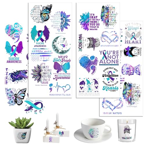 UV DTF Cup Wraps, 4 Sheets Suicidal Prevention Ribbon 16oz Glass Cups, Clear Transfer Stickers for Tumblers and Bottles, Assorted Pattern Set - style: Suicidal Prevention Ribbon