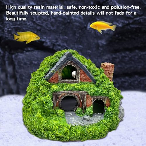 Tfwadmx Fish Tank Hobbit Decorations,Resin Small Fish Cave Hideout House,Aquarium Decor Hide Hole Shelter Hut Ornaments Mini Garden Decorating Accessories - color: Green-5.5 X 5.3 X 3.5 Inches