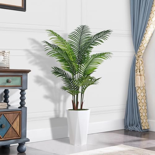 Artificial Palm Plant Indoor 5FT Fake Tree with White Diamond Planter Faux Tropical Areca Tall Fake Floor Plant in Pot Artificial Trees for Home Office Living Room Decor Indoor - color: White
