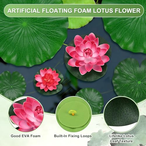 M METERXITY 1-Set Artificial Floating Foam Lotus Flower with Water Lily Pad, 4/7/11 Inch Fake Lotus Flowers Water Lilies for Pool/Fountain/Garden Decor, Pond Plants Ornaments [Dark Red] - color: Dark Red, size: 6.7/3.9 Inch