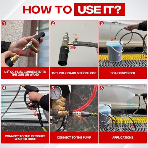 Adjustable Long-Range External Chemical Injection for Pressure Washer, Downstream Injector Nozzle Kit 4-4.5 GPM, 1/4" Quick Connect/15FT Siphon Hose, 2500 to 4000 PSI - size: 15 FT Hose, style: 4-4.5 GPM