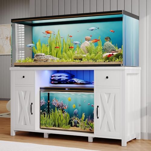 55-75 Gallon Fish Tank Stand with Power Outlet & LED Lights, 55 Gallon Aquarium Stand with Storage Drawers & Barn Doors, Heavy Duty Reptile Tank Cabinet for Turtle, Reptile Terrarium, White - color: White