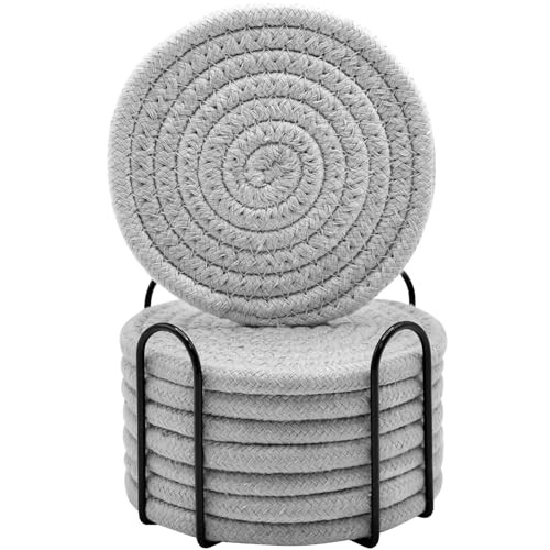 ABenkle 8 Pcs Drink Coasters with Holder, Cotton Woven Absorbent Coasters for Drinks, Minimalist Home Decor Coaster Set for Wooden Tabletop Protection Table, 4.3 inches - color: Light Grey, size: 8 Pcs