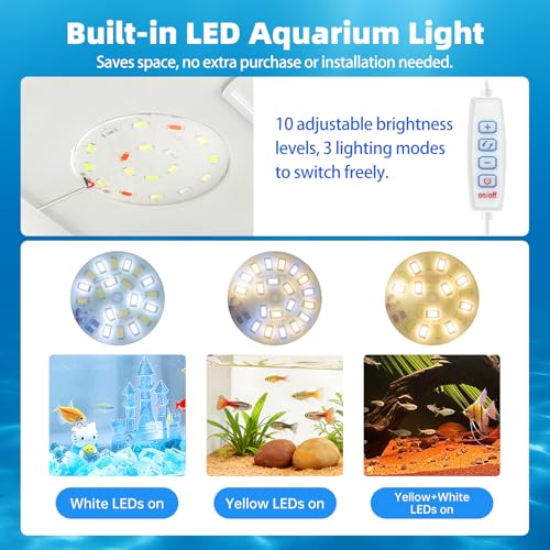 Fish Tank Betta 2.5 Gallon Desktop Small Beta Fish Aquarium Starter Kit with 25W Heater LED Light and Mini Water Pump & Filter Media Compact Aquarium for Betta Fish, Shrimp(White)