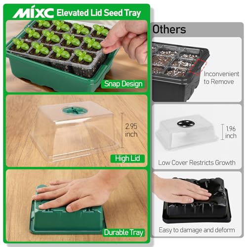 MIXC Seed Starter Tray with Elevated Lid, 120 Cells Seed Starter Kit with Adjustable Humidity Dome, Drainage Hole, Clear Heightened Lids for Indoor Outdoor Greenhouse Gardens, 10 Pack, Green - color: Green, size: 12 Cell-10 Packs Elevated Cover