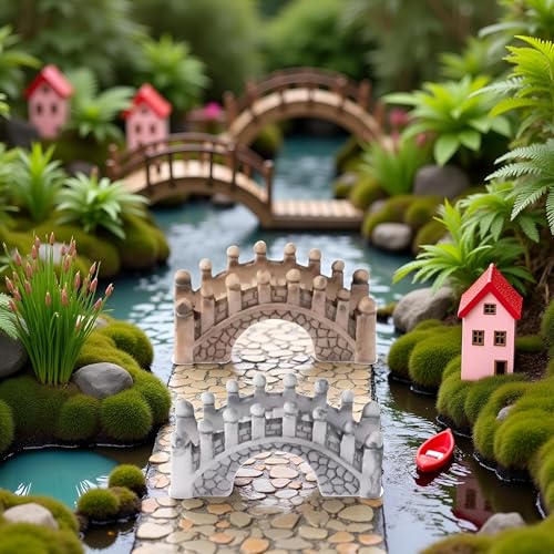 2 Pack Gray and Brown Miniature Stone Arch Bridges, Fairy Garden Ornaments for Dollhouse, Aquarium and DIY Micro Landscape Decor, Garden Bridges