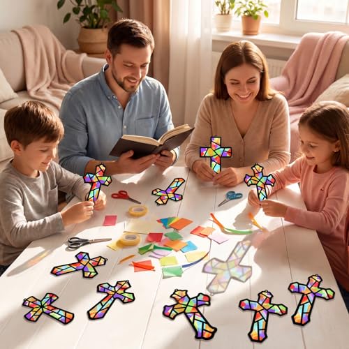 Renbuzhu 48PCS Sunday School VBS Crafts Bulk: Paper Cross Nativity Suncatchers, Jesus Religious Christian Activity DIY Kits Church Decorations, Window Stained Glass Effect Art Supplies - style: religious cross
