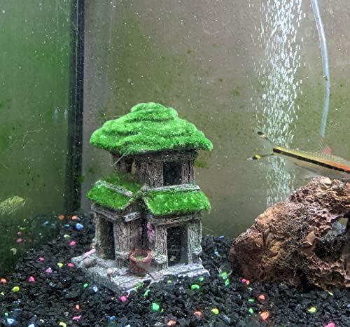AWXZOM Fish House - Aquarium Decoration with Lifelike Moss, Comes with 2x Artificial Plants