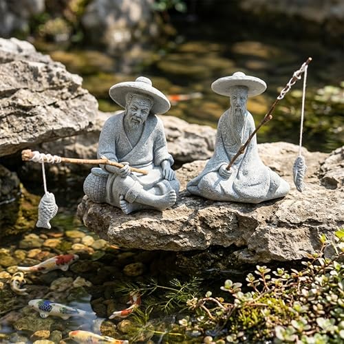 LIYAOLI 2 PCS Mini Fisherman Statue for Aquarium Decor - Sandstone Japanese Fishing Figurine, Fish Tank Ornament, Zen Garden Sculpture & Home Decoration - color: 2 Pcs Fisherman