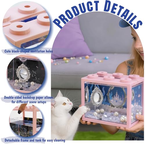 Small Betta Fish Tank, Mini Sea Monkey Tank Aquarium Kit with Glass Gravel & Background Resin Decor, 0.6 Gallon Stackable Tabletop Fish Bowl Accessories for Shrimp Seaweed Ball (Pink) - color: Pink