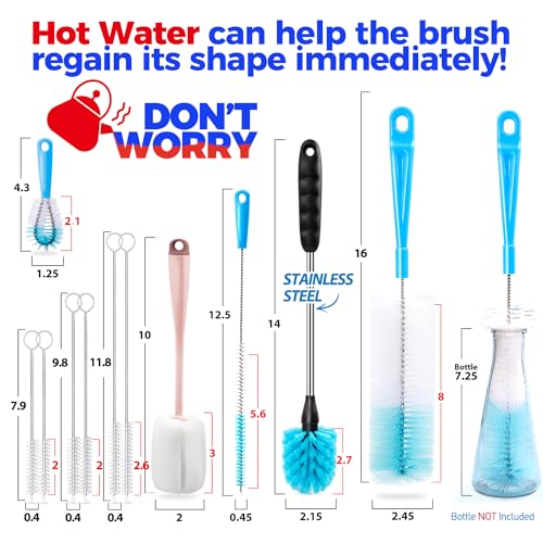 Holikme Bottle Brush Tube Cleaning Lab Set with Long Handle, Cup Cleaner for Washing Narrow Neck Beer Wine Decanter Pipes Lids Sinks Cap Covers, Pink - color: Pink