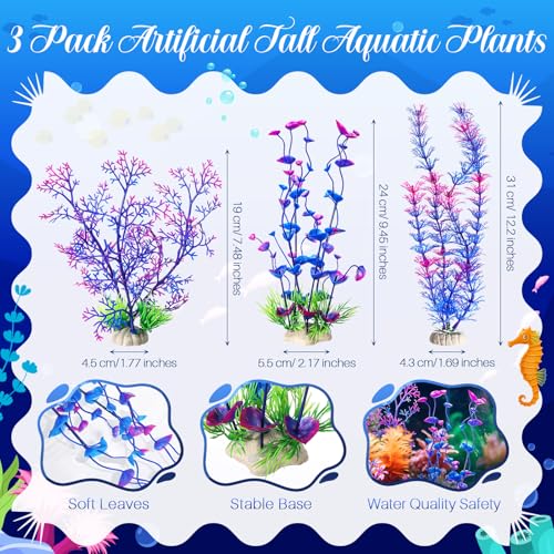Zeyune 18 Pcs Fish Tank Decorations Artificial Plastic Plants Decoration and Rock Cave Decor Set Aquarium Decor Resin Castle Sunken Ship Starfish Barrel Goldfish Betta Tank Accessories Purple Ornament