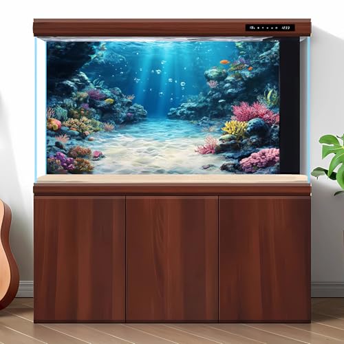 Under The Sea Aquarium Background Underwater Scene Coral Reefs Fish Tank Background Ocean Bed Scene Sand Rocky Outcrops Terrarium Backgrounds Seabed Diverse Marine Life Sunlight Tank Poster 24x12in - color: Blue_Brown, size: 24(W)x12(H)inches/ 60(W)*30cm(