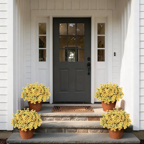 VIERENA 12 Bundles Artificial Flowers and Eucalyptus for Outside, Sun Resistant Silk Fake Morning Glory with Faux Eucalyptus Plants for Garden Porch Farmhouse Home Spring Summer Decor (Yellow) - color: Yellow