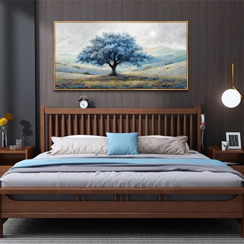ZUITINGHUA Large Wood Framed Wall Decor For Living Room Canvas Wall Art For Office Modern Wall Decorations For Bedroom Blue Tree Landscape Painting Farmhouse Pictures Artwork Home Decor 24x48 In - color: Blue Tree Wood Framed, size: 48"L x 24"W
