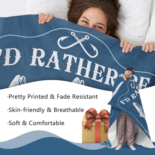 Fishing Gifts for Men Flannel Throw Blanket, I'd Rather Be Fishing Present for Fisherman Hunter Dad Husband, Funny Birthday Ideas, Lake House Soft Bedding Sofa Blankets 50"x60"