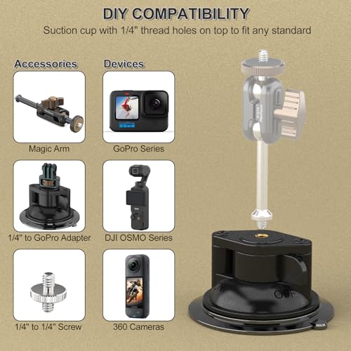 MINIFOCUS Suction Cup Base with 1/4" Female Threaded for Hook, Camera or Phone Mount, Magic Arm, Heavy Duty Suction Cup for Windshields, Smooth Walls, Mirrors, and Other Glossy Surfaces
