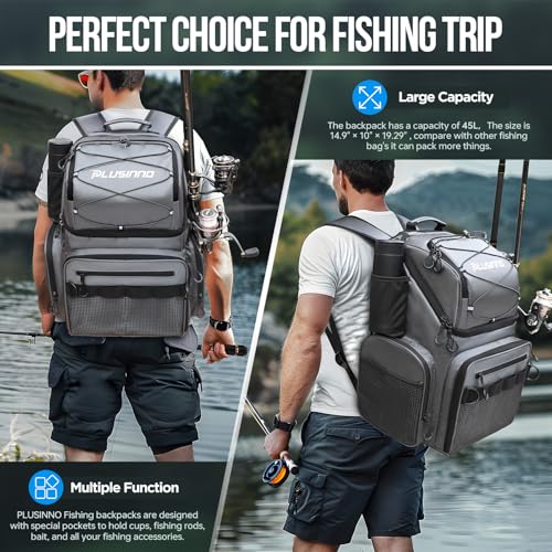 PLUSINNO Cooler Fishing Backpack with Rod Holders 45L Large Water-resistant Fishing Tackle bag Store Fishing Gear Fishing Gifts for Men Father - color: Grey Jacquard