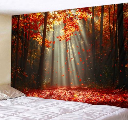 WODEJIA Autumn Forest Tapestry, Red Maple Leaves Fall Landscape Wall Hanging, Sunlight Through Trees Nature Tapestry for Bedroom Living Room Dorm Decor, Art Home Decoration Gift（79"x59"inches） - color: Autumn Leaf Forest, size: 79"L x 59"W