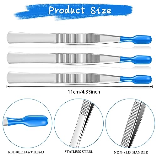 Honoson 3 Pieces Tweezers with Rubber Tips PVC Coated Rubber Long Bent Tweezers for Crafts Stamps Beads Jewelry Tools(4.33 Inch,Blue)