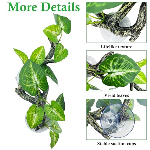 Snake Climbing Branch, 2 Pcs Resin Reptile Corner Branches for Climbing with Suction Cup, Bearded Dragon Tank Plant Decor Gecko Enclosure Ornament Terrarium Accessories for Lizard Corn Snake - color: Green With White