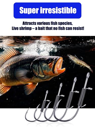 24Pcs Live Shrimp Hooks Saltwater Fishing Hooks - 3X Strength Stainless Steel Steel Wire Rig Accessories Ready to Use 2 Sizes Rubber Bands Freshwater