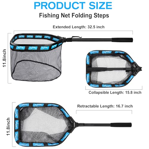 PLUSINNO Floating Fishing Net for Steelhead, Salmon, Fly, Kayak, Catfish, Bass, Trout Fishing, Rubber Coated Foldable Landing Net with Fixed or Telescoping Pole Handle, Fishing Gear and Gifts for Men - color: 11.8"/30cm Hoop Size 0.8M Blue (Fixed Pole)