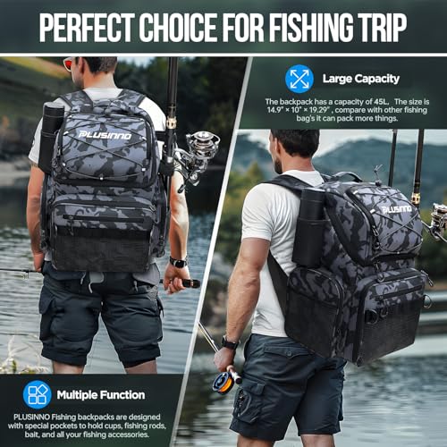 PLUSINNO Cooler Fishing Backpack with Rod Holders 45L Large Water-resistant Fishing Tackle bag Store Fishing Gear Fishing Gifts for Men Father - color: Black Camo with box