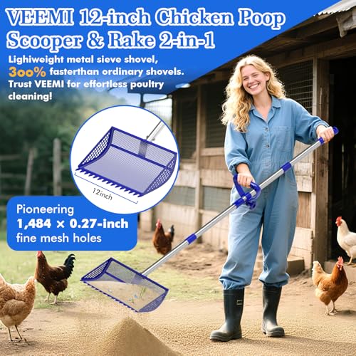 Chicken Poop Scooper Rake 2-in-1,304 Stainless Steel Shovel Head, Chicken Litter Scoop with Handle for Chicken Coop for Sand, Pet Waste Cleaning, Litter Sifting Shovel (35 to 65") (Bule, 12inch) - color: Blue, size: 12Inch