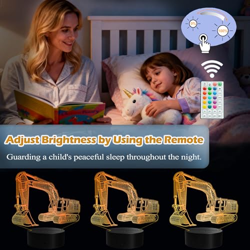 Excavator 3D Illusion Lamp for Kids, Excavator Night Light, Construction Vehicle Gifts with RGB 16 Colors Changing, Remote Control, Dimmable, Kids Room Decoration, Xmas Gifts - color: Color 5