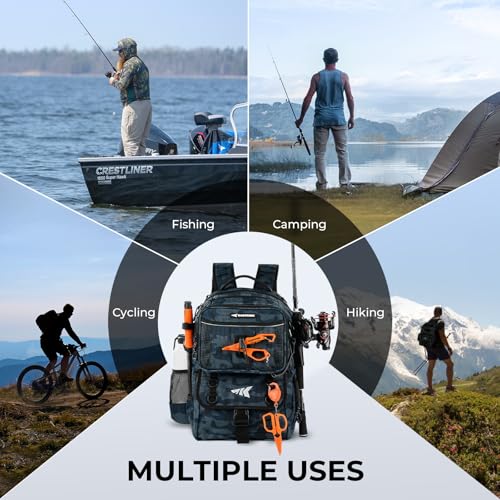KastKing BaitSpace Fishing Tackle Backpack with Removable Bait Binder,2 Rod Holders Storage Fishing Gear and Equipment - color: G: Blue Camo（Without tackle box）