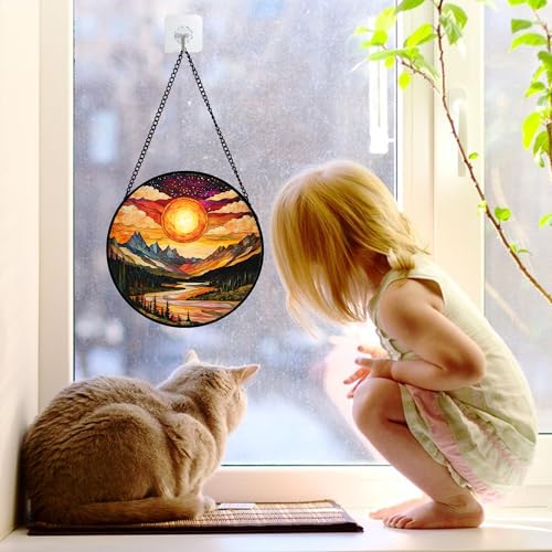 DASTOLL Stained Glass Window Hanging, Dusk Sunset Landscape Sun Catchers Glass Panel Lakes and Mountains Suncatcher Decor for Birthday for Women, Men, Wife, Aunt, and Mom 6.3 in - color: Golden Red, size: 6.3x6.3 IN
