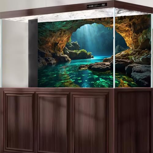 Ocean Rock Cave Aquarium Background Beach Seaside Underwater Cave Fish Tank Background Tropical Seashore Sunrays Blue Sky Terrarium Backgrounds Stunning Seascape Reptile Tank Backgrounds 24x12in - color: Brown_Blue, size: 24(W)x12(H)in