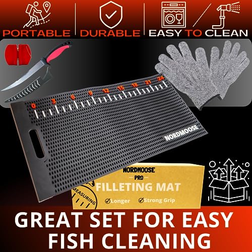 Fish Fillet Mat Kit with Fish Ruler Decal and Fillet Knife, Cutting Gloves. Large 28"x14" Nonslip Fish Cleaning Mat that Grips the Fish - Durable & Easy to Clean, Portable Fish Cutting Board