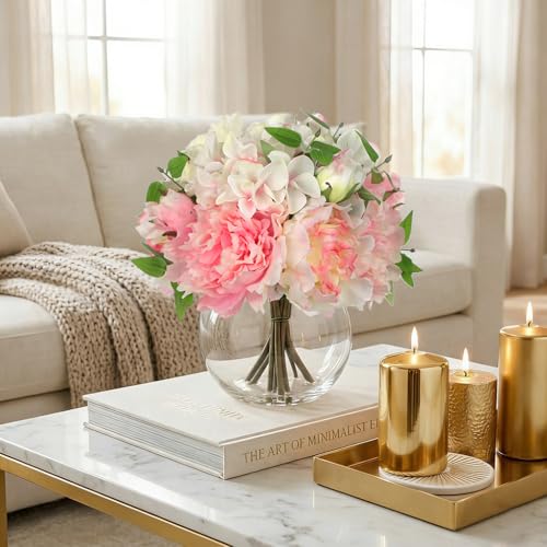 Artificial Flower in Vase, Faux Silk Flowers Arrangement Peony Hydrangea Poppy Eucalyptus Bouquet with Faux Water, Fake Floral Centerpiece for Dining Table Home Decor Wedding Office Shelf - Pink - color: Light Pink